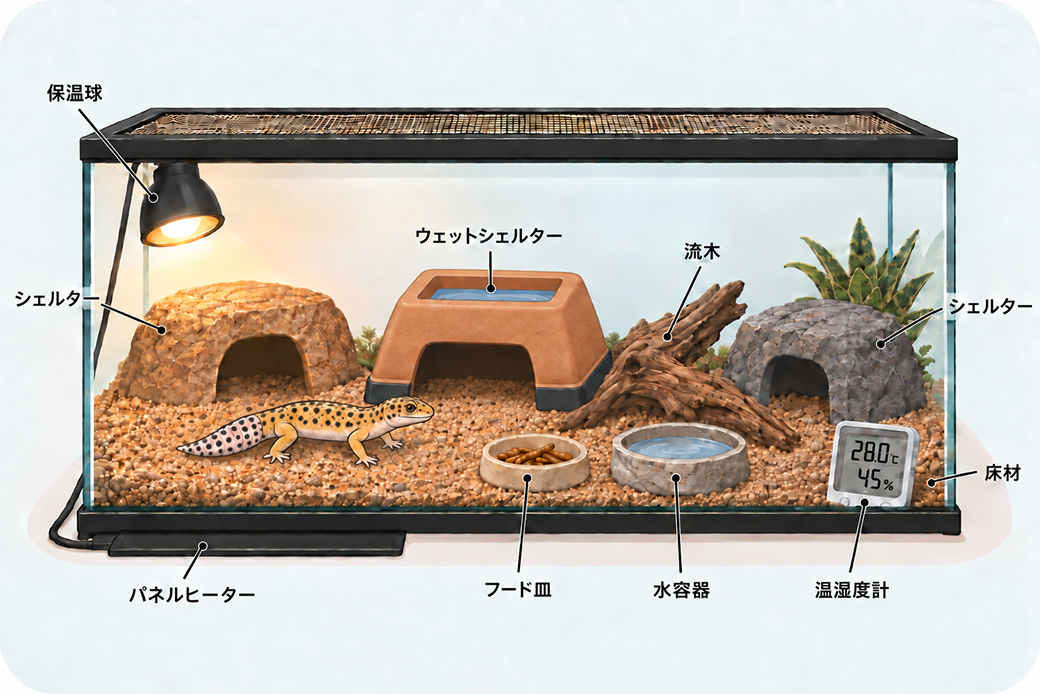 ヒョウモントカゲモドキのケージレイアウト例